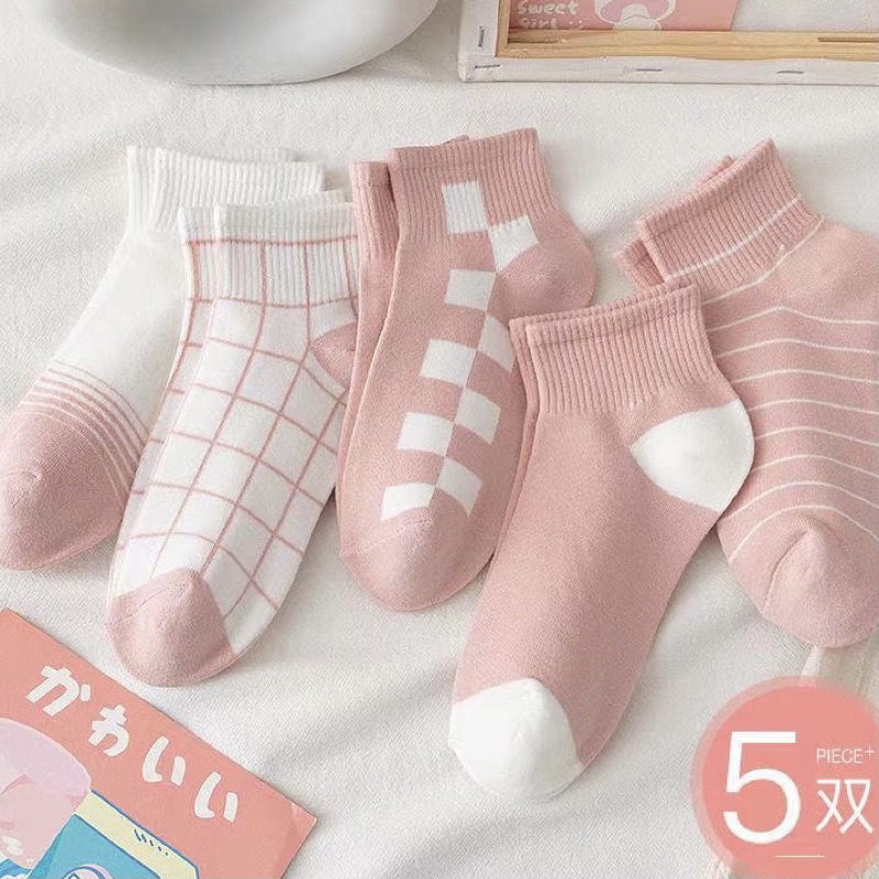 ถุงเท้าข้อสั้น ตารางชมพู 5คู่ ถุงเท้าแฟชั่น  สไตล์เกาหลี ใส่ได้ทั้ง ช/ญ - รูปที่ 2