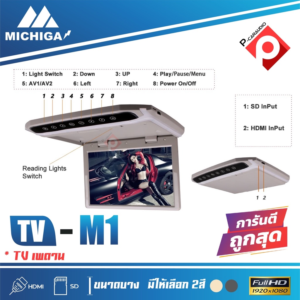 จอทีวีเพดาน MICHIGA รุ่น M1 TVทีวีติดเพดานรถยนต์ จอขนาด 10.1 นิ้วจอบาง ภาพชัด ความละเอียดสูง/บาง ติดรถSUV MPV รถตู้
