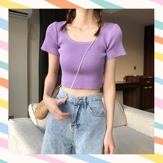 K2💝แฟชั่น เสื้อครอปไหมพรมแขนสั้น 8 สี