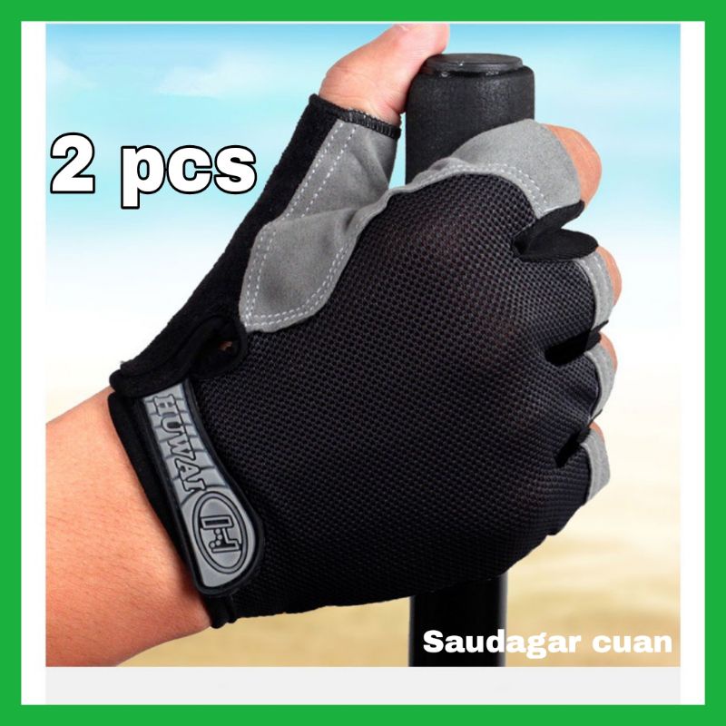 (2 ชิ้น) TaffiSPORT Huwai Half Finger Cycling Gym Gloves Size m และ L - สีดํา