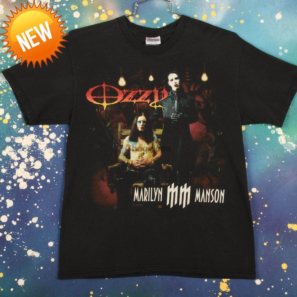 เสื้อยืดผ้าฝ้ายพิมพ์ลายแฟชั่นOzzy Osbourne & Marilyn Manson 2003 Ozzfest Size M 156U