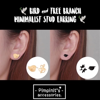 🇹🇭 พร้อมส่ง : 🕊 ต่างหูสแตนเลสสไตล์มินิมอลลายนกและกิ่งไม้ | Bird &amp; Tree Branch Minimalist Stainless Steel Stud Earring.