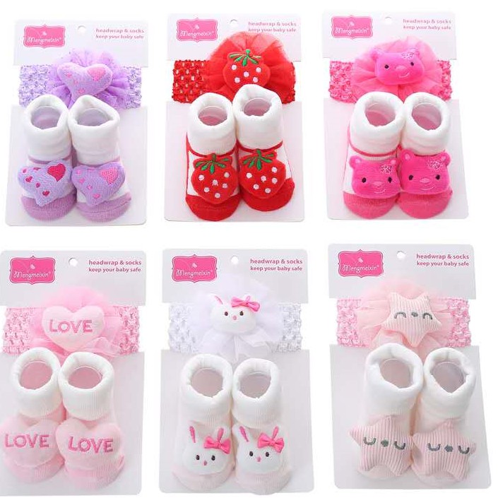 Babyonline(Y146)P2 (ส่งด่วน1วัน)ชุดเซ็ทถุงเท้าตัวการ์ตูนและโบว์คาดผมเด็ก