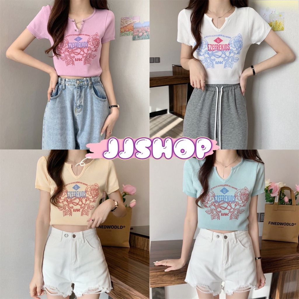 JJ Shop​ ​พร้อมส่ง เสื้อครอปไหมพรม แขนสั้นลายน่ารักแถมเข็มกลัดเก๋ๆ "59211"