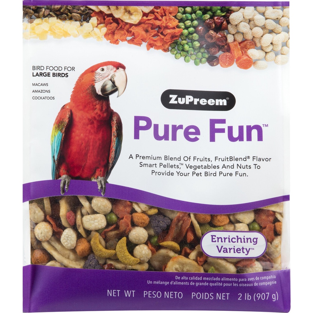 Zupreem Pure Fun Parrot (2lb / 907g) สูตรผลไม้+ผัก+เมล็ดธัญพืช สำหรับนกใหญ่ มาคอว์ อมาซอน กระตั้ว เกรย์