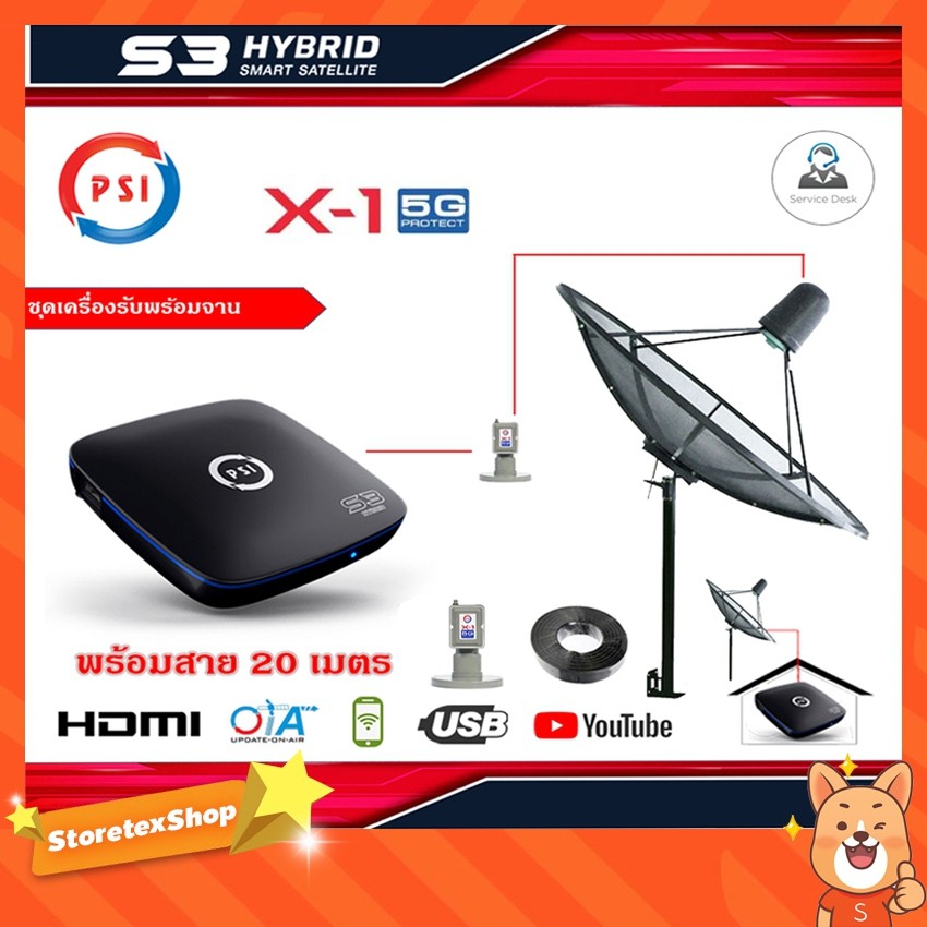 THAISAT C-Band 1.5 เมตร (ขาตรงตั้งพื้นเเละยึดผนังได้) + LNB PSI X-1 5G + PSI S3 HD พร้อมสายRG6ยาว 20