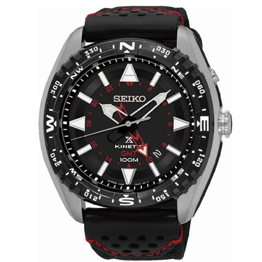 SEIKO PROSPEX KINETIC GMT นาฬิกาข้อมือผู้ชาย สีเงิน/สีดำ/สีแดง สายผ้าร่ม รุ่น SUN049P2