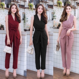 CL5-065 ‼️ เซ็ตสุดคุ้ม ราคาถูกที่สุด⚡️ เสื้อแขนกุดปกสูทสีพื้น+กางเกงขายาว พร้อมสายผูกเอว⚡️