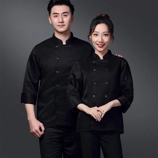 (M-5XL)เสื้อเชฟแขนยาวสีดำ มีกระเป๋าหน้าอก แต่งกระดุมคู่ตะเข็บด้านหน้า ผ้าใส่สบาย ไม่ร้อน #9700