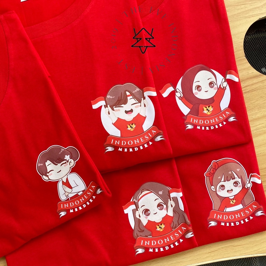 Katun MERAH Theeve RED เสื้อยืด INDONESIAN INDEPENDENCE TSHIRT I เสื้อเกาหลีเด็กผู้ใหญ่ผู้หญิงผู้ชาย Unisex Oversize Jumbo Bigsize Cotton วัสดุ I Girls Boys Dirgahayu Merdeka Oblong 17 สิงหาคม