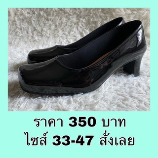 รองเท้าคัทชู หัวตัด ส้น2 นิ้ว สีดำหนังแก้ว ไซส์ 33-48