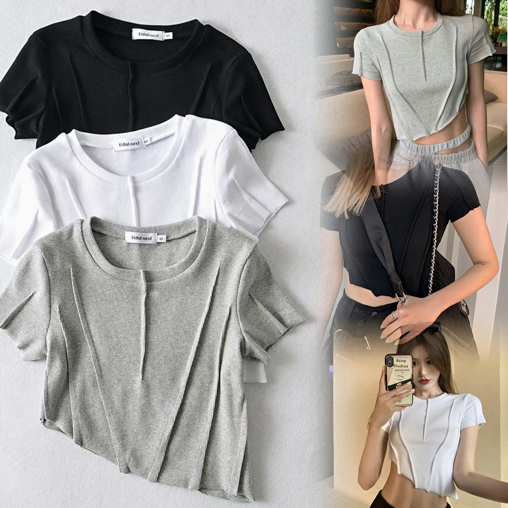 85001#Crop topเสื้อยืดแขนสั้น เสื้อครอปผ้าร่องริบอย่างดี ใส่สวยเซ็กซี่ ใส่สบาย