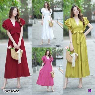 MF14522 Maxi Dress เดรสยาว คอวี แขนระบาย ผ้าไหมอิตาลี ผูกโบเอว งานเรียบๆ แต่งสวยสุดๆ ชายเดรสแต่งระบายๆ รอบๆ พร้อมส่ง