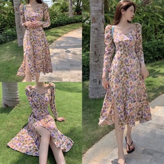 พร้อมส่ง Maxidress เดรสลายดอกไม้ คอเหลี่ยม โทนสีน้ำตาล เดรสกระโปรง เดรสผ่าข้าง เดรสงานป้าย ป้าย