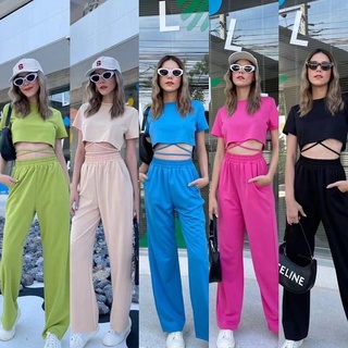สินค้าพร้อมส่ง ชุดเซ็ท เสื้อ+กางเกงชุดเซ็ทเอวลอยสีพื้นกางเกงขายาวดูดีแฟชั่นสำหรับผู้หญิง JYT10