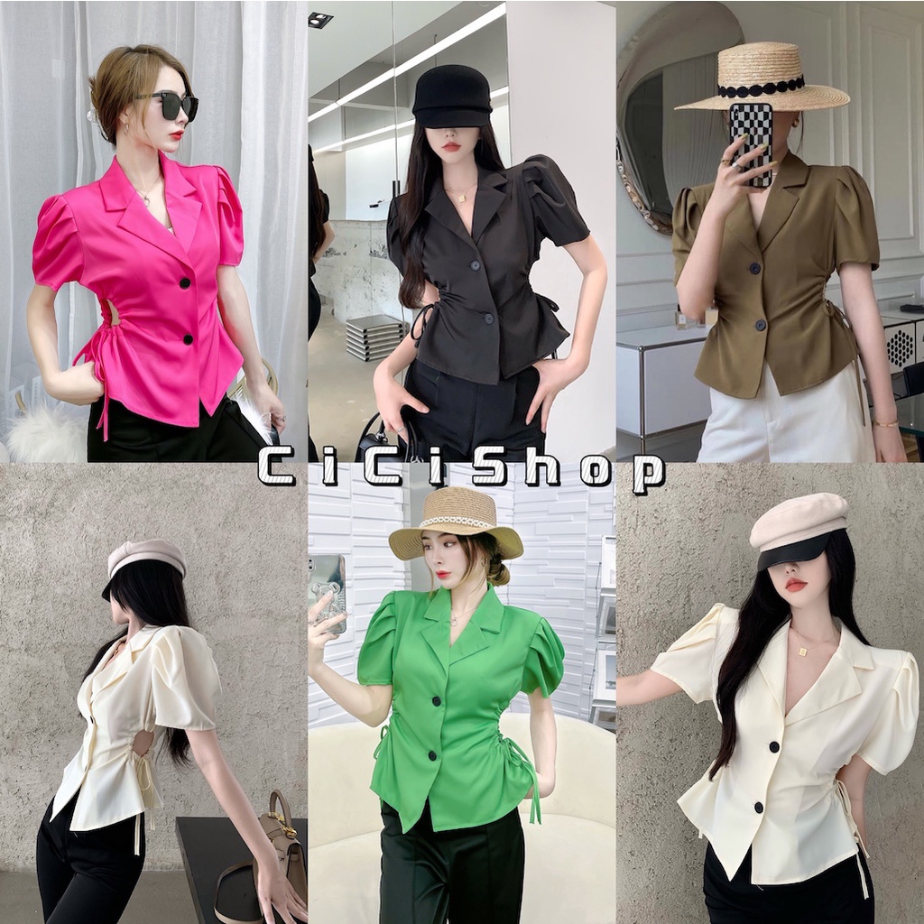 Cicishop(2167)Short blazer เสื้อเบลเซอร์สั้นเว้าอกแต่งเชือกรูด แขนจีบทรงสวยสายเกา