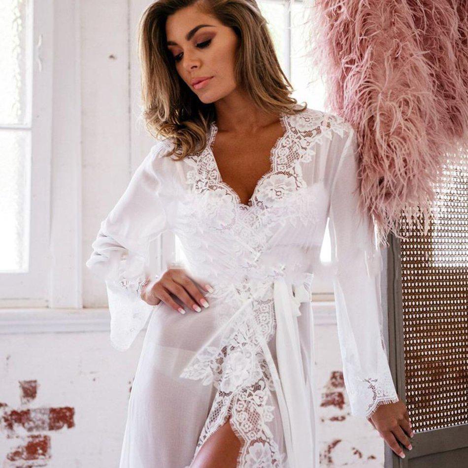 Sexy Grenadine Long Kimono Dress Lace Bath Robe Lingerie Nightdress for Women