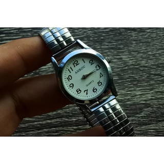 นาฬิกา Vintage มือสองญี่ปุ่น ANROU ระบบ Quartz ผู้ชาย ทรงกลม กรอบเงิน หน้าขาว หน้าปัด 30mm