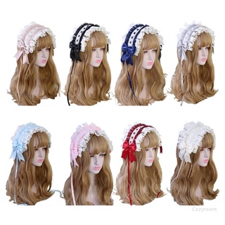 Cozy Women Girls Lolita Ruffled Headband Sweet Star Embroidery Lace Ribbon Bow Hairband with Alligator Hairpins Japanese Anime Maid Cosplay Costume Headdress