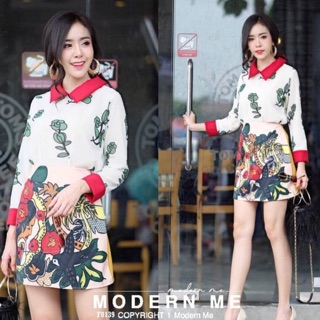 Fashion Set เสื้อเชิ๊ตแขนยาวคอปก สกรีนลายผ้าชีฟอง ปกและปลายแขนตัดต่อขอบสีแดง มาคู่กระโปรง