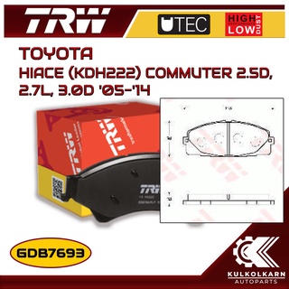 ผ้าเบรคหน้า TRW สำหรับ HIACE (KDH222) COMMUTER 2.5D, 2.7L, 3.0D 05-14 (GDB7693)