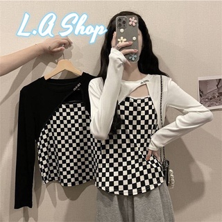 L.A Shop พร้อมส่ง เสื้อไหมพรมแขนยาว ลายตางรางตรงเสื้อเว้าไหล่เก๋ๆ "1A12"