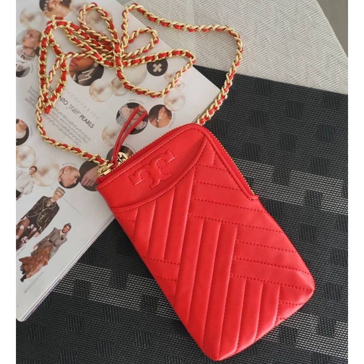 🎀 (สด-ผ่อน) กระเป๋าใส่โทรศัพท์ สีแดง 57007 Tory Burch Alexa Phone Crossbody Shoulder Bag Quilted Lea