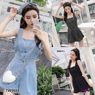 G9689 จั๊มสูทยีนส์เทียมแขนกุด + ผ้าโพกหัว