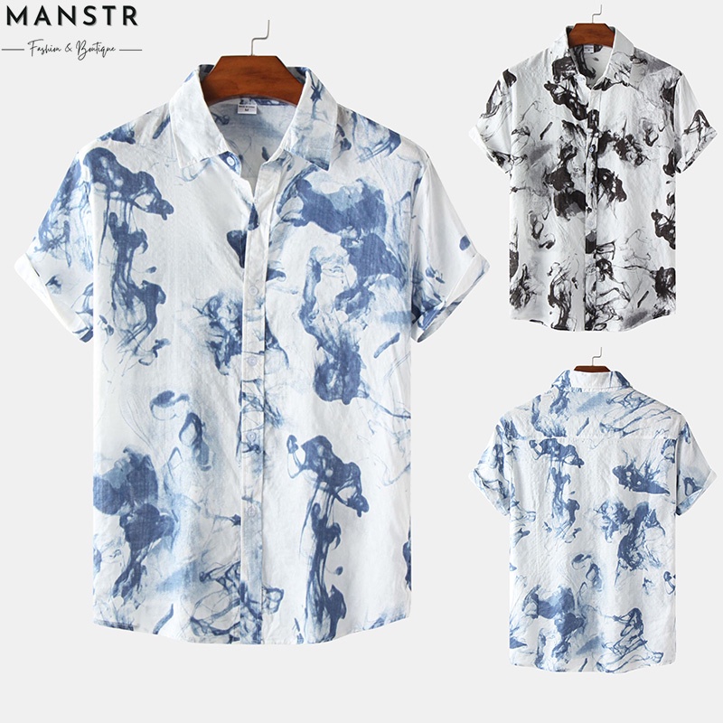 เสื้อเชิ้ตแขนสั้นลําลอง พิมพ์ลายหมึก และดอกไม้ ทรงหลวม สีมัดย้อม สําหรับผู้ชาย