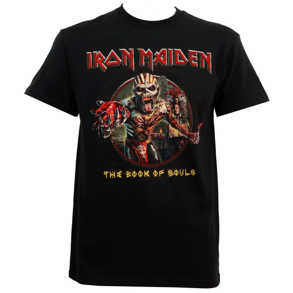 เสื้อยืดคอกลมGILDAN เสื้อยืดคอกลม พิมพ์ลาย Iron Maiden Band British The Book Of Souls Eddie สีดํา พล