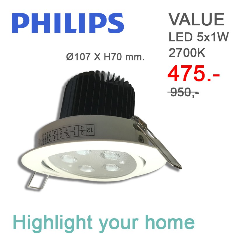 [🔥ลด 70.- โค้ด SUN386HR] Dento โคมดาวน์ไลท์ LED รุ่น VALUE 5W (downlight) สีขาว PHILIPS #PHI-60132