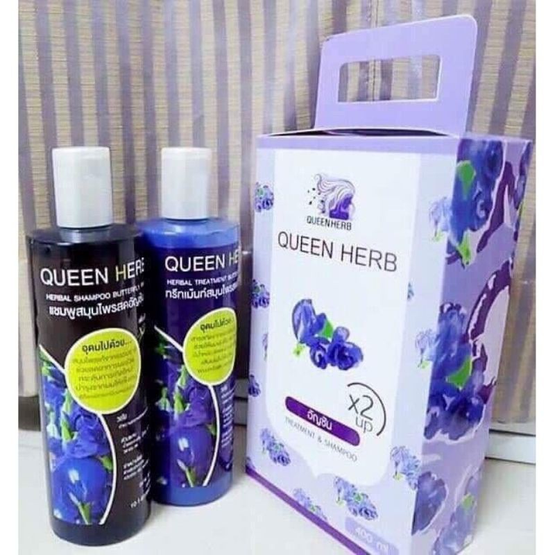 Queen Herb ควีน เฮิร์บ ชุดแชมพูสมุนไพร แชมพูอัญชัน & ทรีทเมนท์อัญชัน เร่งผมยาว