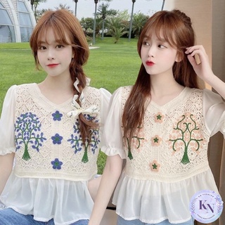 🎏Korea NEW เสื้อไหมพรมถักผสมชีฟอง ลายดอกไม้ 2 สี แขนสั้นทรงตุ๊กตา ชายระบาย