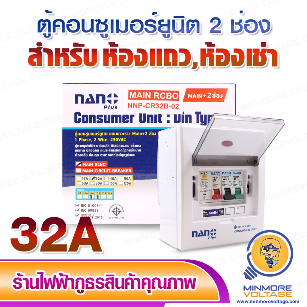 NANO ตู้คอนซูมเมอร์ยูนิต 2 ช่อง | ขนาด 32A RCBO พร้อมเมนและลูกย่อย