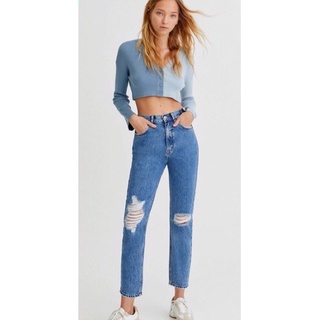 PB⏸PULL&amp;BEAR RIPPED MOM JEANS กางเกงยีนส์ขายาวทรงmomเอวสูงแบรนด์