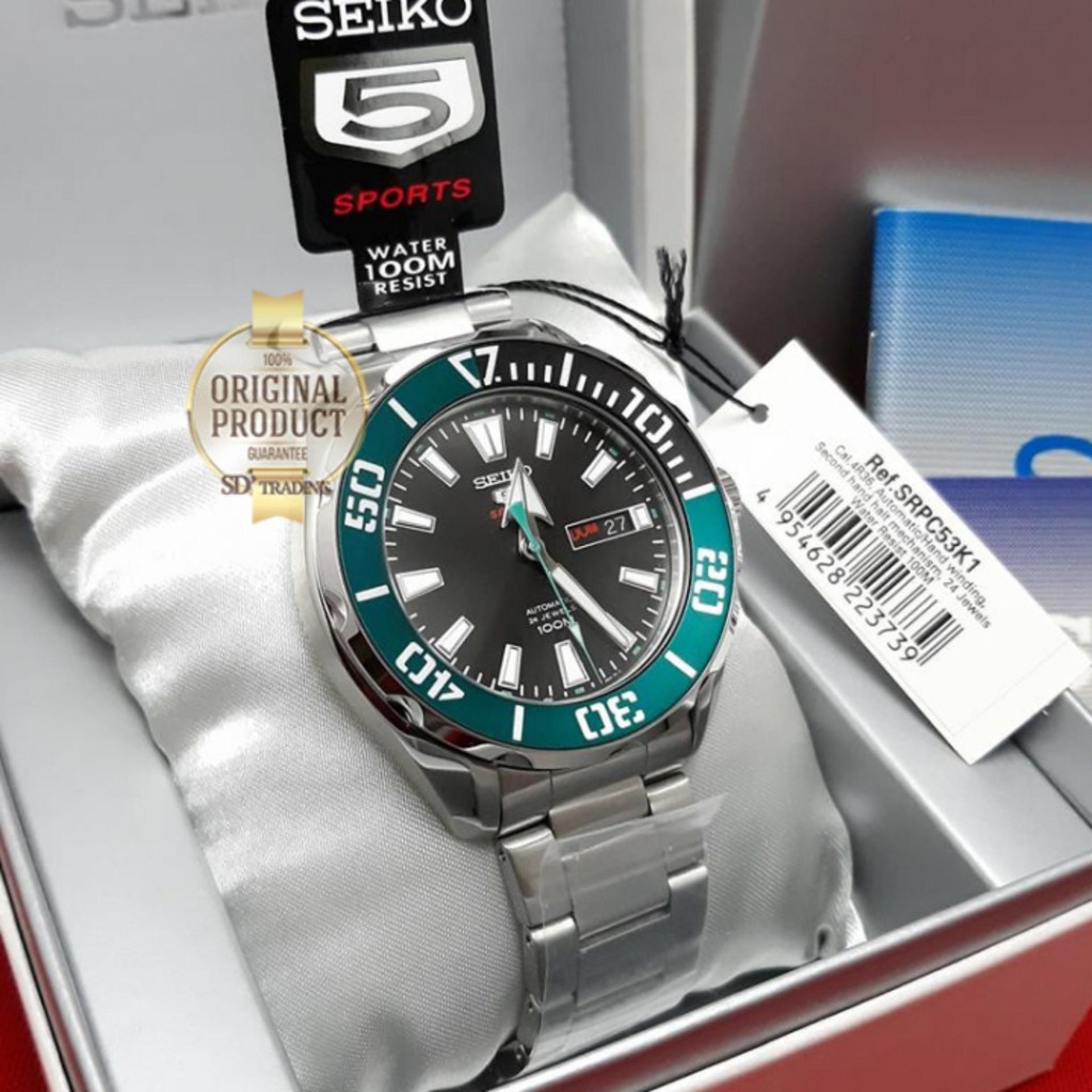 SEIKO SPORTS 5 Automatic นาฬิกาข้อมือผู้ชาย สายสแตนเลส รุ่น SRPC53K1 - (หน้าดำ/ขอบเขียว)