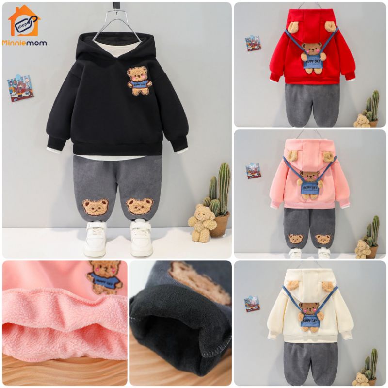 ชุดกันหนาว เสื้อกางเกงเด็ก ผ้าฝ้ายผ้าสำลี ปักน้องหมีน่ารัก ใส่กันหนาว ...