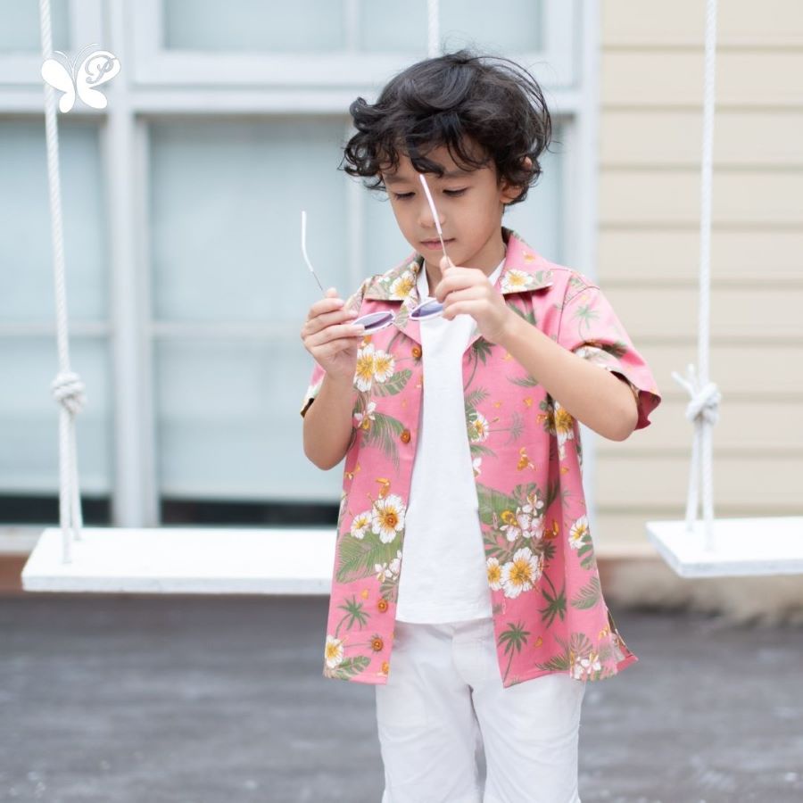 เสื้อเชิ้ตฮาวายเด็กชาย [Papillon] Boy Premium Twill Summer Shirt-Orchid & Hibiscus พิมพ์ลายกล้วยไม้และชบา ผ้าคอตตอนเรยอน