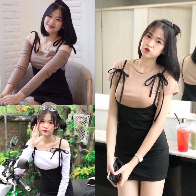Spinny House Set ชุดเซต 2ชิ้น เอี๊ยม + เสื้อผ้าไหมพรมร่องเล็ก+กระโปรง พื้นดำมีสายผูกผ้ายืด รุ่น new45 เอี๊ยม N103A