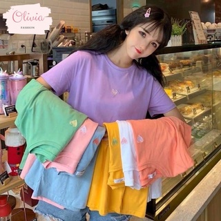 🍓Olivia🍓💕เสื้อยืดคอกลม ปักลายหัวใจ ใส่สบาย ไม่ร้อน 💕พร้อมส่ง #9117