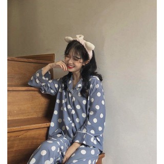 ชุดนอน พร้อมส่ง pajamas เซ็ตชุดนอนเสื้อแขนยาวเเละกางเกงขายาว ลายจุด