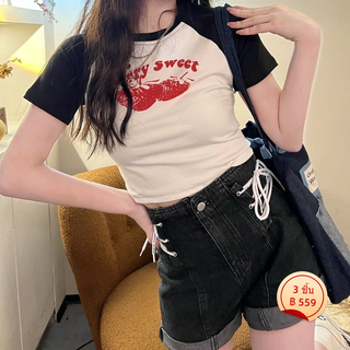 สตรอเบอร์รี่ลายพิมพ์สั้น เสื้อยืดสีหวานหวาน ใส่เสื้อแขนสั้น She Said