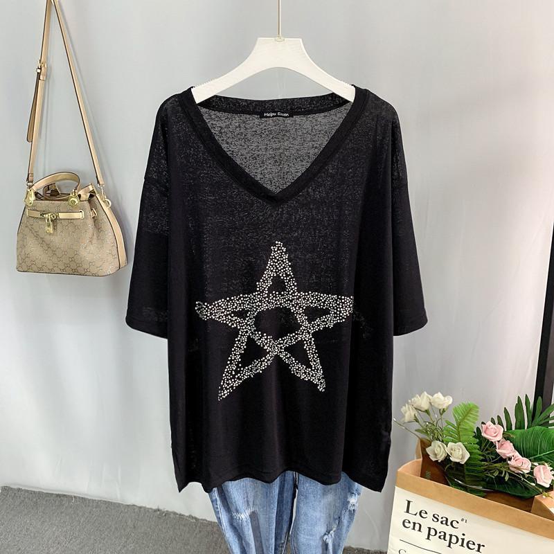 【Plus Size】เสื้อยืดคอวี ผ้าถัก ทรงหลวม พิมพ์ลาย พลัสไซซ์ 150 กก.