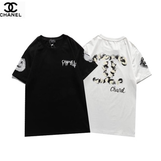 Chanel เสื้อยืดแขนสั้นผ้าฝ้ายพิมพ์ลายแฟชั่น Unisex