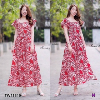 Maxi Dress เดรสยาวคอเหลี่ยม แต่งแขนระบาย WS11619