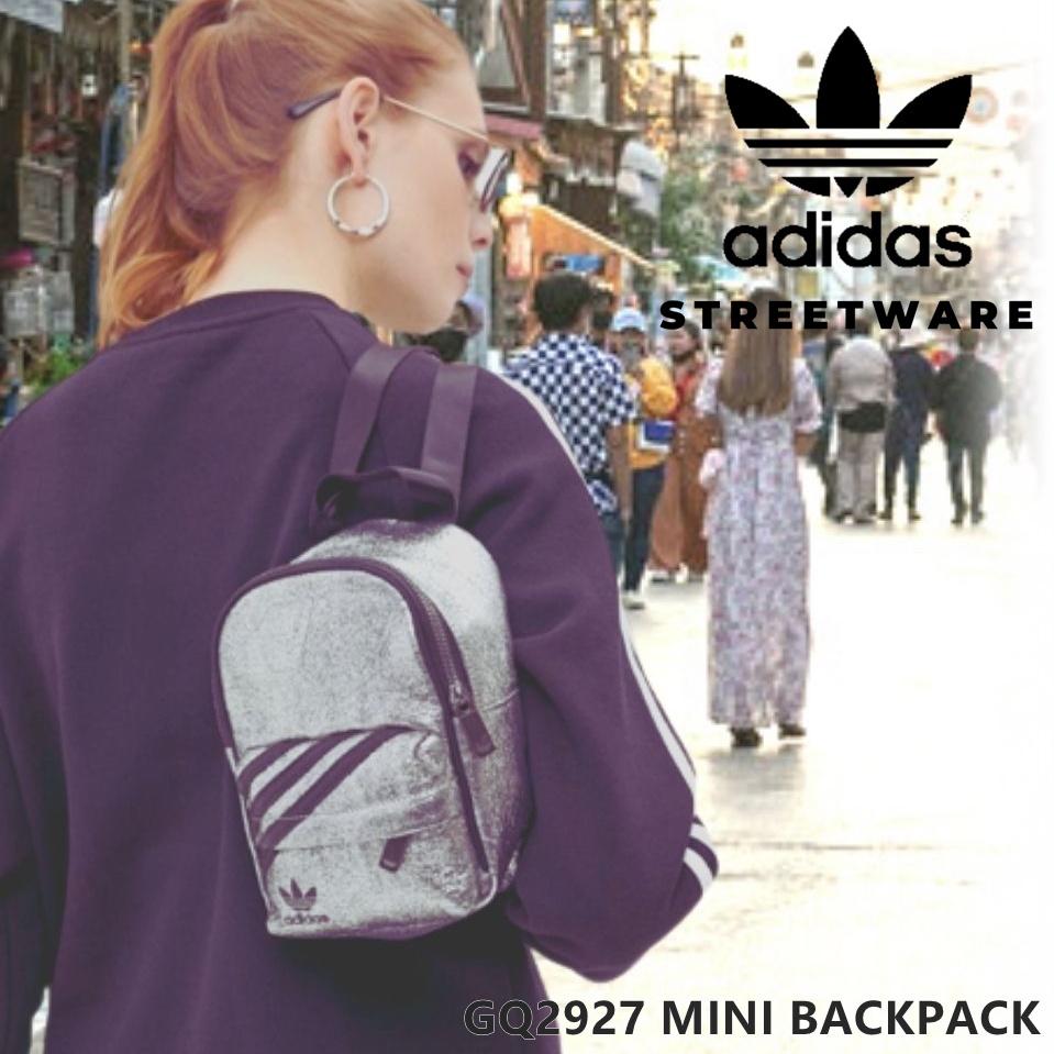 Adidas Mini Backpack GQ2927 กระเป๋าเป้ เป้สะพายหลัง กระเป๋าแฟชั่น กระเป๋าผู้หญิง สีเงิน คาด 3 แถบสีดำ .