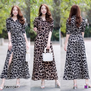 Maxi Dress เดรสยาวปกเชิ้ต ติดกระดุมหน้า แขนยาว เนื้อผ้าหางกระรอกลายเสือ มีโบว์ผูกเอว พร้อมส่ง