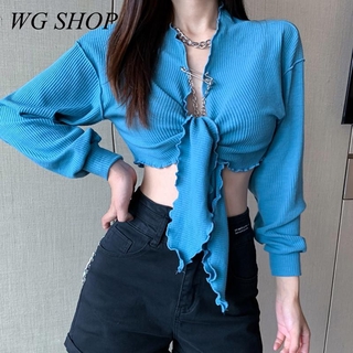 Wg SHOP พร้อมส่ง เสื้อคาร์ดิแกน ตัวสั้น ผ้าถัก ผูกเชือก เซ็กซี่ แฟชั่นฤดูใบไม้ร่วง