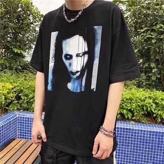 เสื้อยืดผู้ชายโอเวอร์ไซส์ marilyn manson เสื้อy2k เสื้อมินิมอล เกาหลี สตรีท