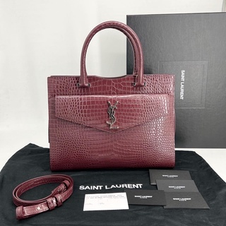 New! Y S L Uptown Medium Croc Embossed สีBurgundy